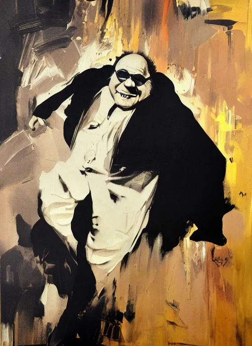 Prompt: danny devito painting by phil hale, francisco goya,'action lines '!!!, graphic style, visible brushstrokes, motion blur, blurry, hd image