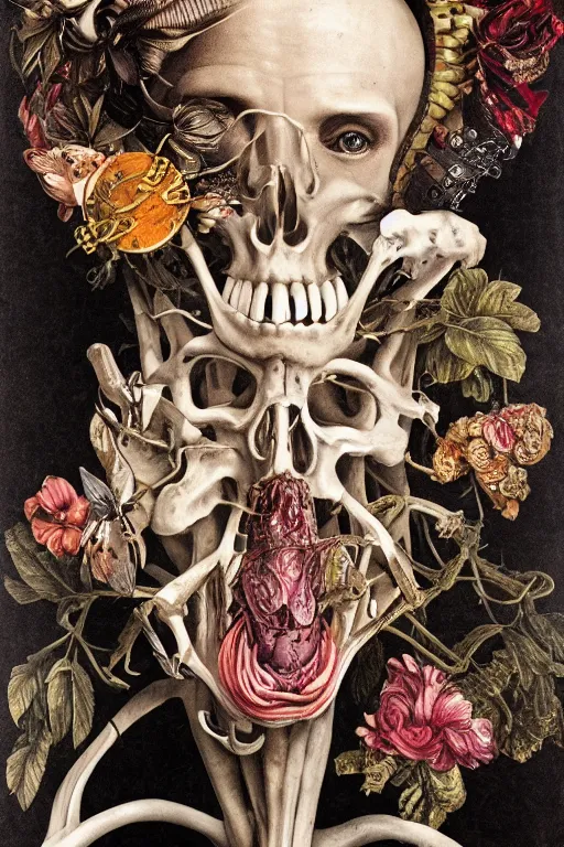 Prompt: Detailed maximalist portrait with large lips and with large white eyes, exasperated expression, botany bones, HD mixed media, 3D collage, highly detailed and intricate, surreal illustration in the style of Caravaggio, dark art, baroque