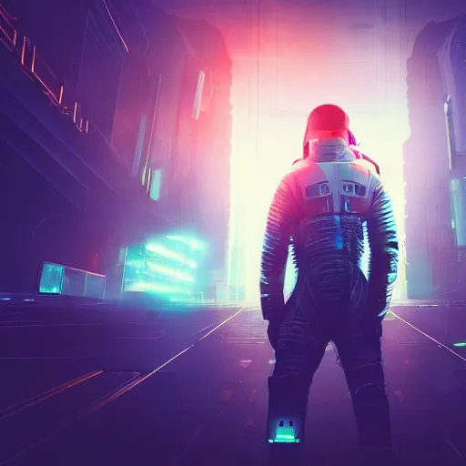Image similar to professional photo of astronaut from front standing very close to camera from low angle shot, cyberpunk, synthwave, blade runner, hyperrealistic masterpiece, trending on artstation, cgsociety, kodakchrome, golden ratio, cinematic, composition, beautiful lighting, hyper detailed, sharp focus, octane render, 4 k, unreal engine