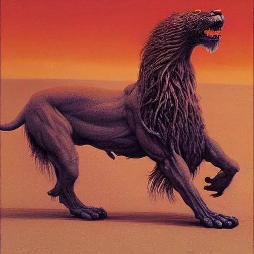 Prompt: griffon concept art, lion body, beksinski, wayne barlowe