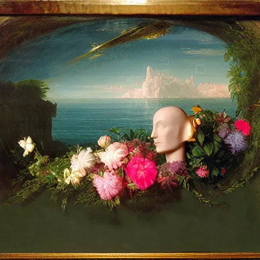 Prompt: Thomas Cole, Thomas Cole, award winning masterpiece with incredible details, Thomas Cole, a surreal vaporwave vaporwave vaporwave vaporwave vaporwave painting by Thomas Cole of an old pink mannequin head with flowers growing out, sinking underwater, highly detailed Thomas Cole