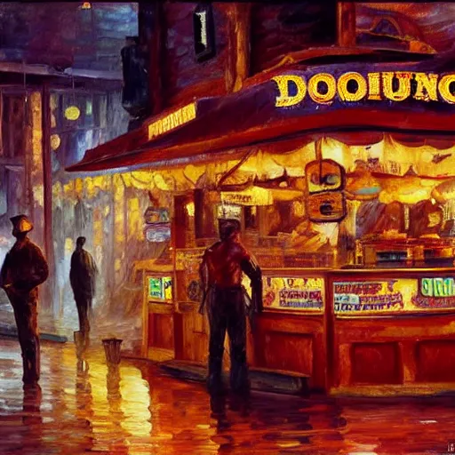 Prompt: Donuts on display at a USA western saloon in the 1800s, robot barkeep, in a cyberpunk style by Leonid Afremov, tranquil, busy but lonely, atmospheric, hazy, sweltering, autochrome, 8k, reflections