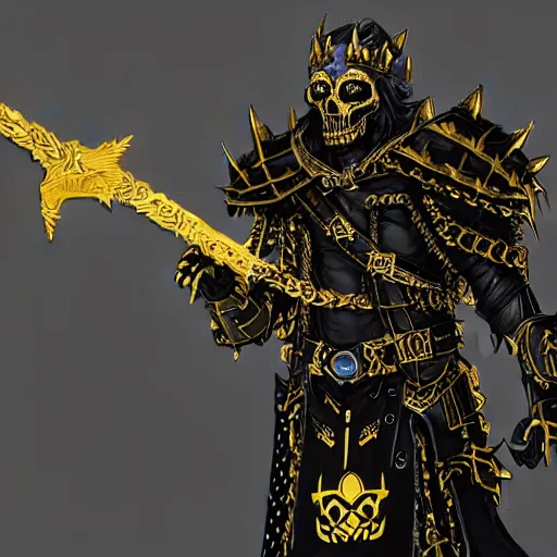 Prompt: lich king wearing black and gold armor with skulls and chains, holding a two handed sword with golden handle, wearing spiky helmet with mask concept art artstation