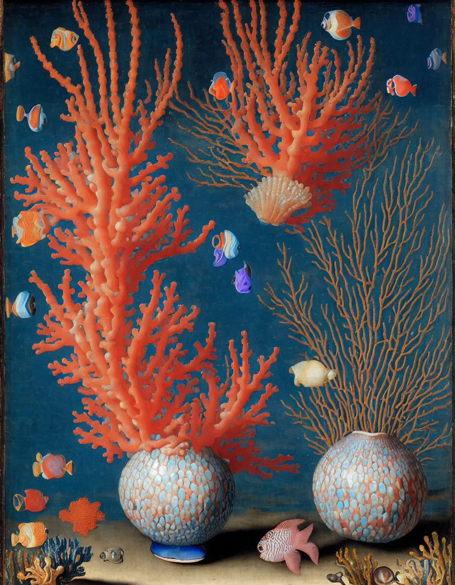 Image similar to bottle vase of coral under the sea decorated with a dense field of stylized scrolls that have opaque outlines enclosing mottled blue washes, with purple shells and blue fishes, Ambrosius Bosschaert the Elder, oil on canvas, around the edges there are no objects