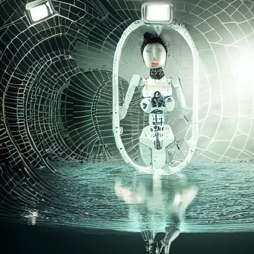 Image similar to beautiful centered fine art photo portrait of hoyeon jung as a solarpunk robotic humanoid treading on water below, white mechanical parts with led lights, ultra - detailed and intricate, white background, sun lighting, soft focus, slow exposure hdr 8 k