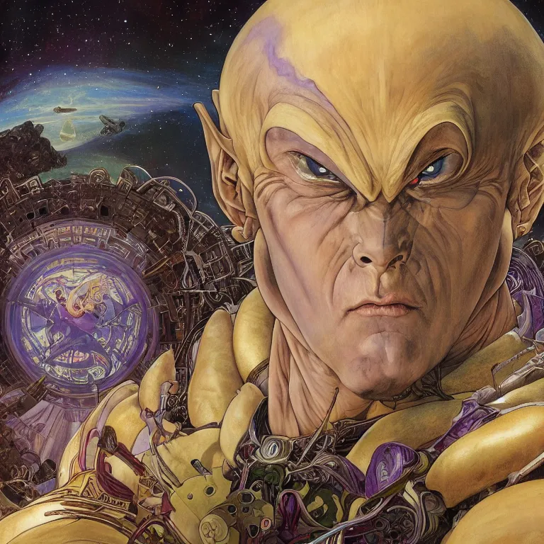 Image similar to portrait of Frieza by Jeff Easley and Peter Elson + beautiful eyes, beautiful face + symmetry face + border and embellishments inspiried by alphonse mucha, fractals in the background, galaxy + baroque, gothic, surreal + highly detailed, intricate complexity, epic composition, magical atmosphere + masterpiece, award winning + trending on artstation