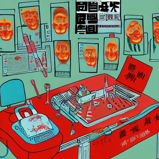 Image similar to chinese surgery operating table, in the style of daniel johnston and outsider art, 8k, line brush, overlaid with chinese adverts