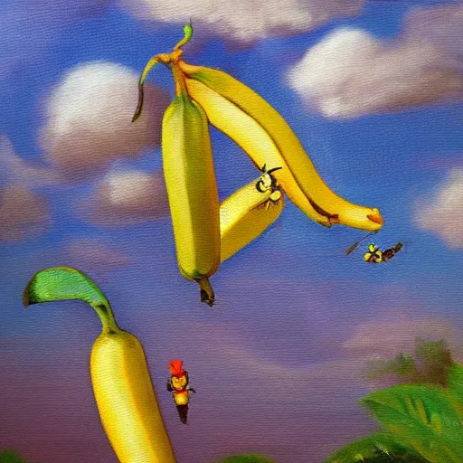 Image similar to oil painting impressionist stopwatch and banana flying through the air, ( bugs buzzing around ), whimsical, detailed,