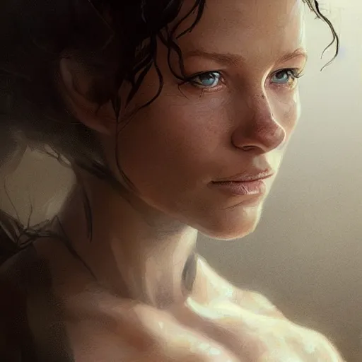 Image similar to young evangeline lilly as slave, digital illustration, by artgerm and greg rutkowski,