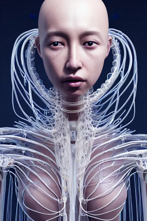 Prompt: baautiful woman asian face, iris van herpen, perfect symmetrical body, full body shot, inflateble shapes, wires, tubes, veins, jellyfish, white biomechanical details, wearing epic bionic cyborg implants, masterpiece, intricate, biopunk, vogue, highly detailed, artstation, concept art, cyberpunk, octane render