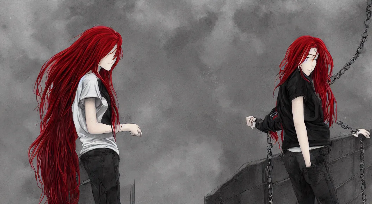 Prompt: a teenager with long red hair wearing baggy black clothes, leaning against a chain fence on a building rooftop, dark grey sky on a rainy day, hd, 8k resolution, grainy, trending on artstation, Drawing by Yoshitoshi Abe