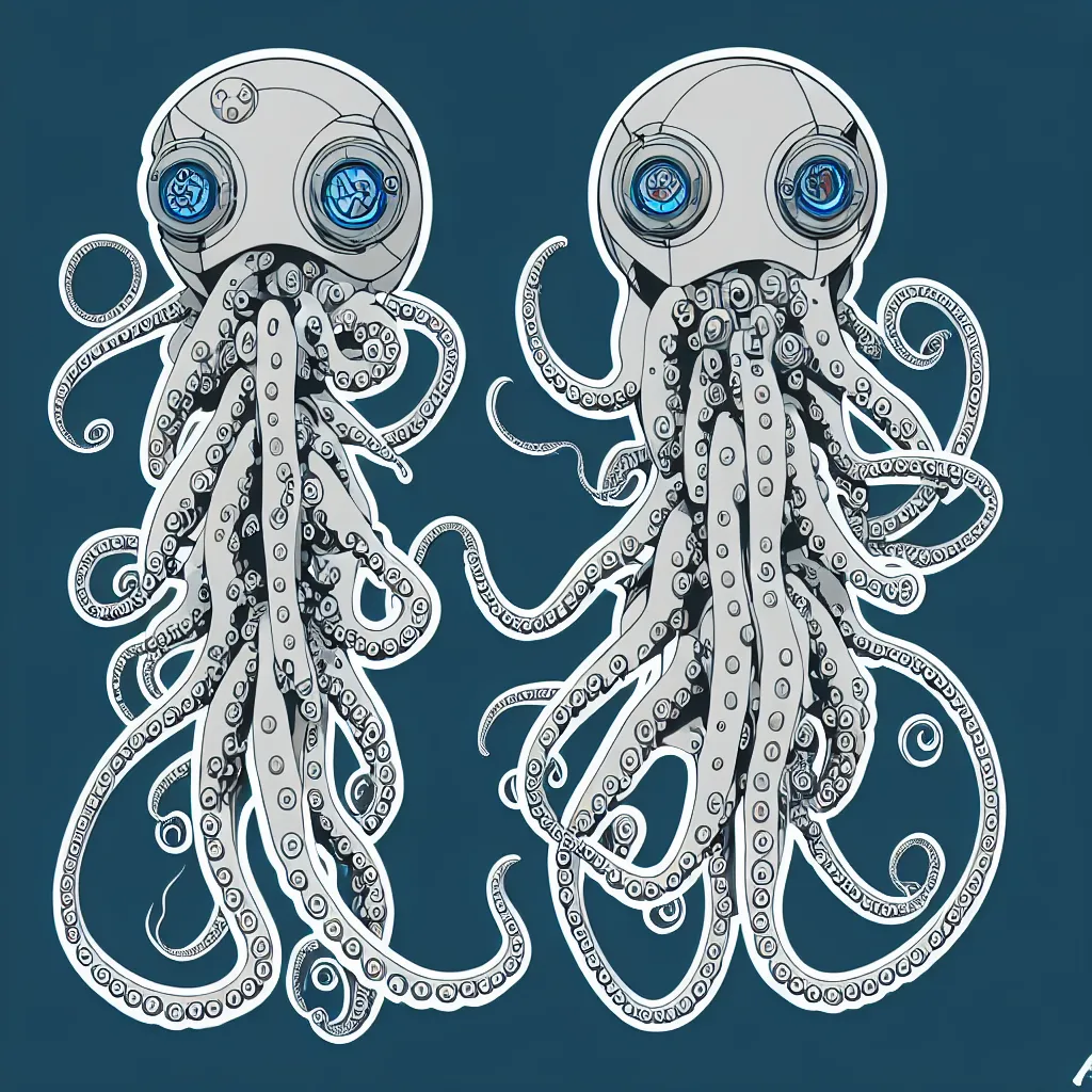 Prompt: damaged cyborg robotic octopus, symmetrical sticker design, vector art, 8k, trending on artstation