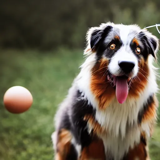 Image similar to photo of an Australian Shepherd balancing an egg on their head, award winning photography