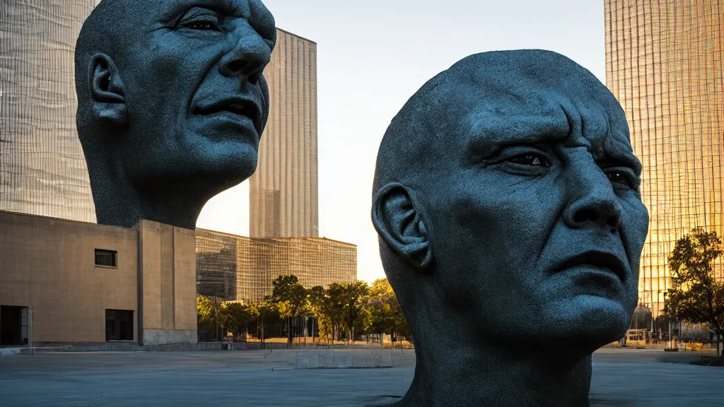 Image similar to the strange giant head at the office building, made of oil and water, film still from the movie directed by Denis Villeneuve with art direction by Salvador Dalí, golden hour