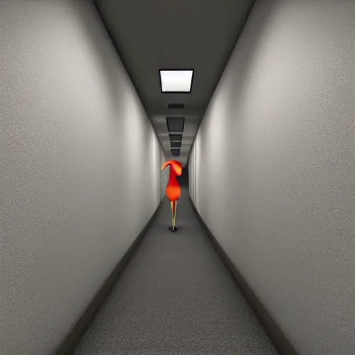 Prompt: a creepy long office hallway with big bird standing at the end hyper realistic-n 3