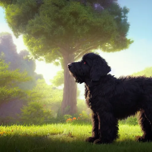 Prompt: a wholesome animation key shot of a black bernedoodle puppy, studio ghibli, pixar and disney painting, sharp, rendered in unreal engine 5, key art by greg rutkowski, bloom, dramatic lighting