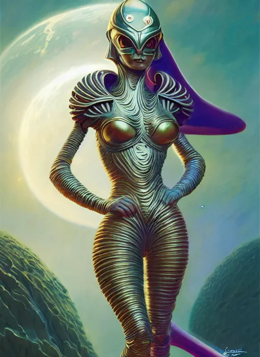 Prompt: photo of a cute alien woman wearing ornate plastic armor in the style of roger dean and alberto vargas and stefan kostic, realistic, sharp focus, 8 k high definition, insanely detailed, intricate, elegant, art by greg rutkowski and artgerm, extreme blur coral reef background