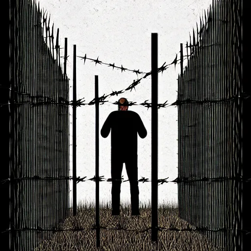 Prompt: scared man standing in front of a fence with barbed wire, by jeffrey smith, tim biskup, behance contest winner, wallpaper, digital illustration