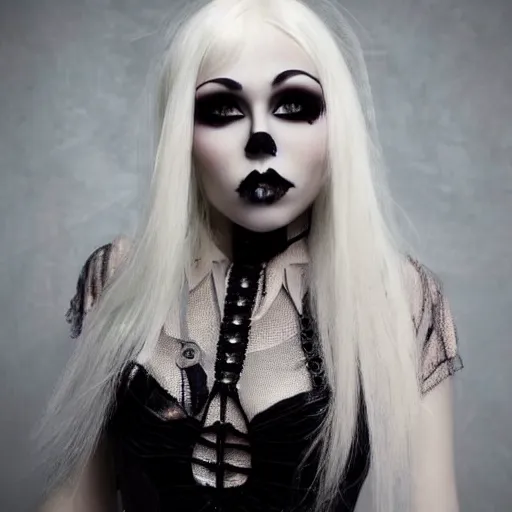 Prompt: modeling photograph kerli koiv in gothic dress, blonde, beautiful, dark, mysterious, bubble goth makeup, detailed symmetrical face, dramatic darkroom lighting high exposure