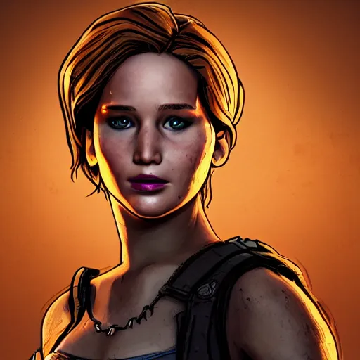 Image similar to jennifer lawrence portrait, borderlands, tales from the borderlands, the wolf among us, comic, cinematic lighting, studio quality, 8 k