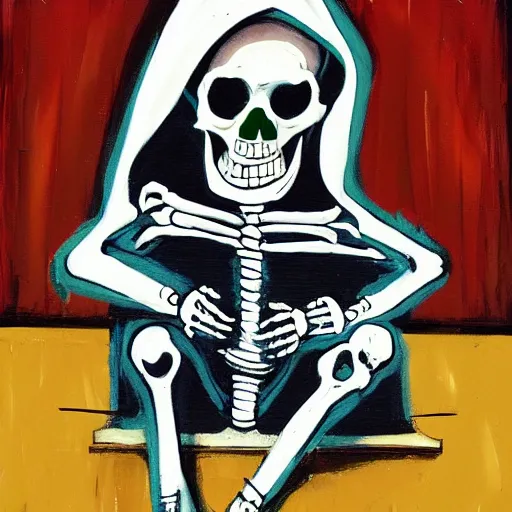 Prompt: A skeleton in a hoodie sitting on the street smoking a cigarette at night, painted with a palette knife