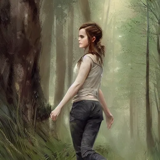 Prompt: portrait of emma watson walking in a forest, casual outfit, high detail, greg rutkowski
