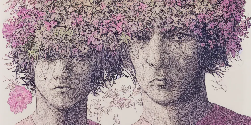 Prompt: risograph grainy drawing protagonist face, pastel colors, with huge piersing, face covered with plants and flowers, by moebius and satisho kon and dirk dzimirsky close - up portrait, hyperrealistic