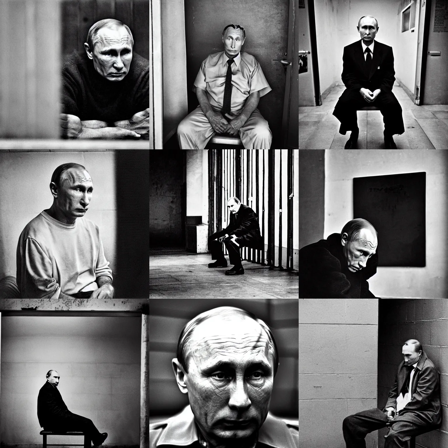 Prompt: a very sad and old wrinkled vladimir putin ( in prison clothes sitting on prison bench ). detailed professional 3 5 mm black and white photo by don mccullin and anders petersen world press photo award