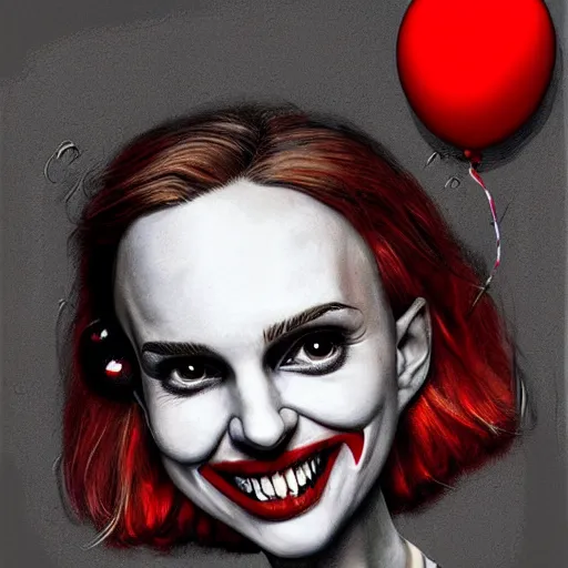 Image similar to surrealism grunge cartoon portrait sketch of natalie portman with a wide smile and a red balloon by - michael karcz, loony toons style, pennywise style, horror theme, detailed, elegant, intricate