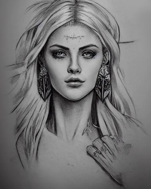 Image similar to tattoo sketch of beautiful greek goddess aphrodite with arrowhead earrings, beautiful piercing eyes, flowing blonde hair, realistic face, hyper realistic, in the style of greg rutkowski, fantasy, amazing detail, epic, intricate, elegant, smooth, sharp focus