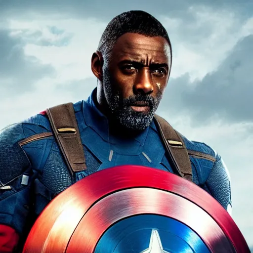 Image similar to film still of Idris Elba as Captain America in new Avengers film, photorealistic 8k