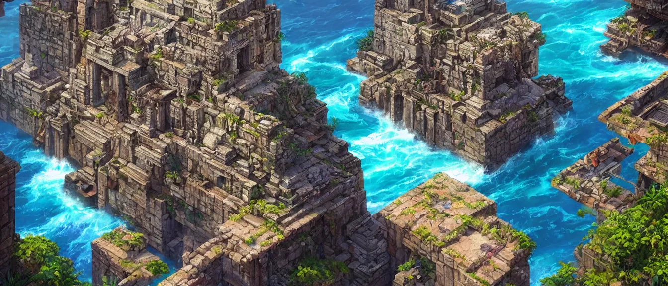 Prompt: dystopian mayan ruins on a colorful ocean, unreal engine, fantasy art by greg, loish, rhads, ferdinand knab, makoto shinkai, lois van baarle, ilya kuvshinov, rossdraws, tom bagshaw, global illumination, radiant light, highly detailed and intricate environment, isometric, trending onstudio ghibli, octane render, 8 k