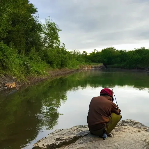 Prompt: photo of fisherman fishing next to the river while fishing