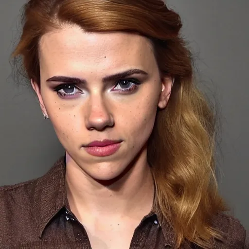 Image similar to a woman who is a genetic combination of scarlett johansson and emma watson face and upper - body focus