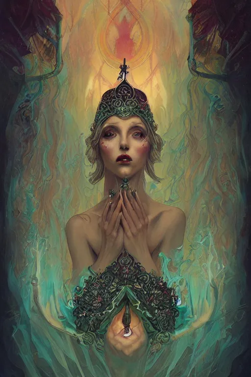 Prompt: jeweled crown, other worldly, fairy necromancer court, bones, art nouveau, by anato finnstark, tom bagshaw, brom