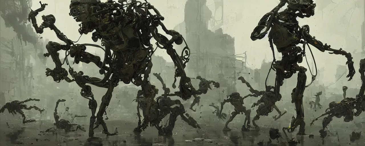 Image similar to duotone olive green grey illustration 3 / 4 portrait of gollum kun fu fighting with boston dynamics robots. dynamic chaotic composition accidental renaissance golden ratio. by sachin teng and sergey kolesov and ruan jia and heng z. graffiti art, scifi, fantasy, hyper detailed. octane render. concept art. trending on artstation