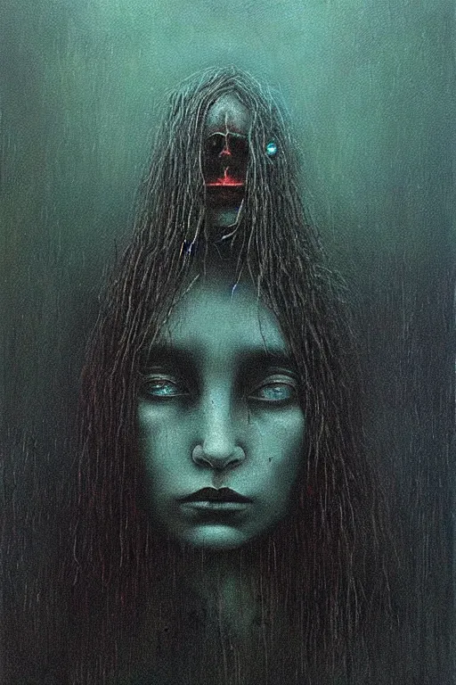 Image similar to queen of darkness painting in the style of beksinski, violent, beautiful, atmospheric, rain, high detail, ultra realistic