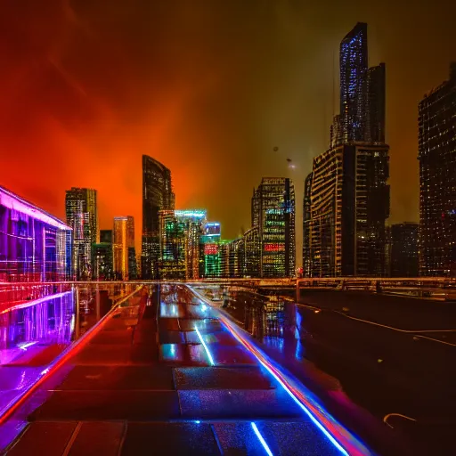 Prompt: cyberpunk night city raining neon lights architectural photography 4K