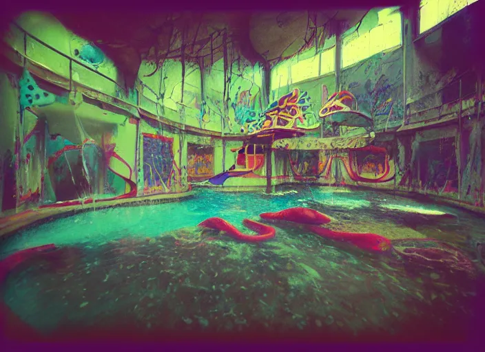 Image similar to abandoned colorful indoor water park with strange creatures lurking, polaroid photo