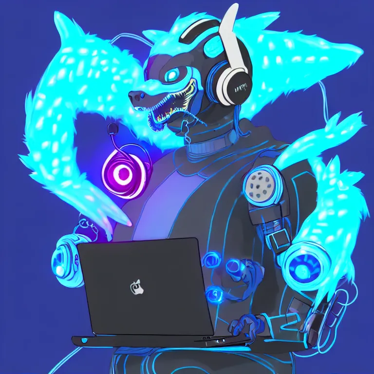 Prompt: an anthropomorphic male blue dragon fursona wearing a cybernetic suit, headphones on his head, laptop, cyberpunk, chubby, furry, soft colors, oil on canvas, digital art, soft lighting