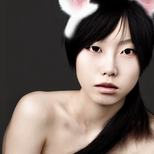 Image similar to aesthetic portrait of a beautiful young Japanese woman with furry white cat ears, by Nick Knight, headshot, realistic, photorealistic, HD, 4k resolution