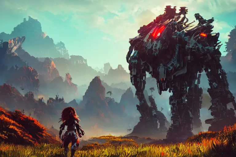 Prompt: ravager machine creature robot of horizon forbidden west horizon zero dawn radiating a glowing aura global illumination ray tracing hdr fanart arstation by ian pesty and alena aenami artworks in 4 k