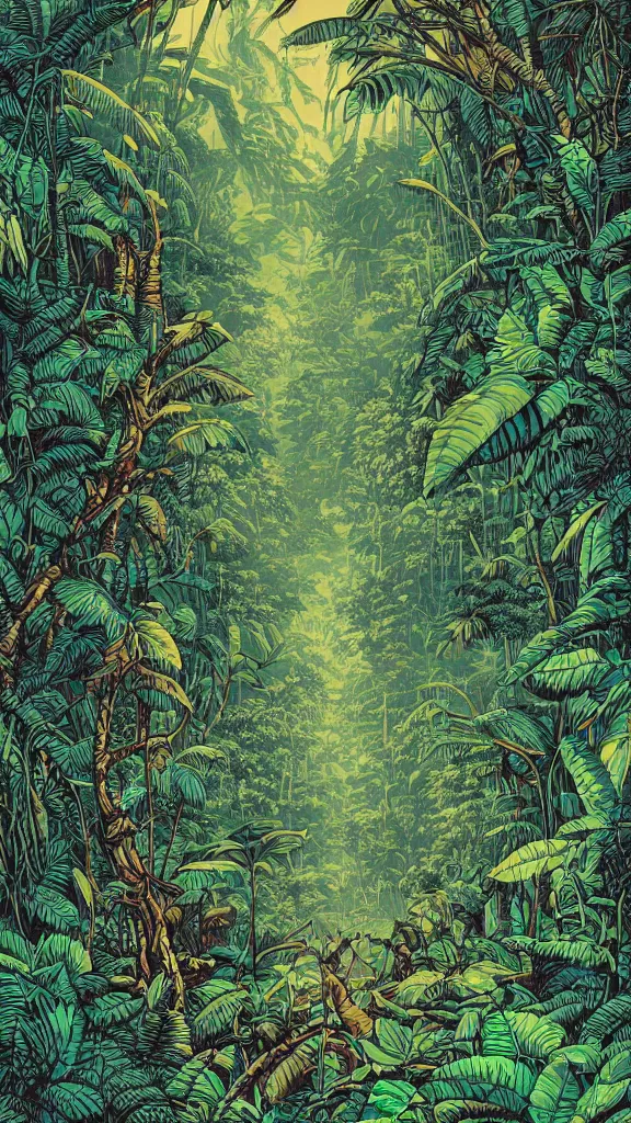 Prompt: a dense amazon rainforest jungle by dan mumford