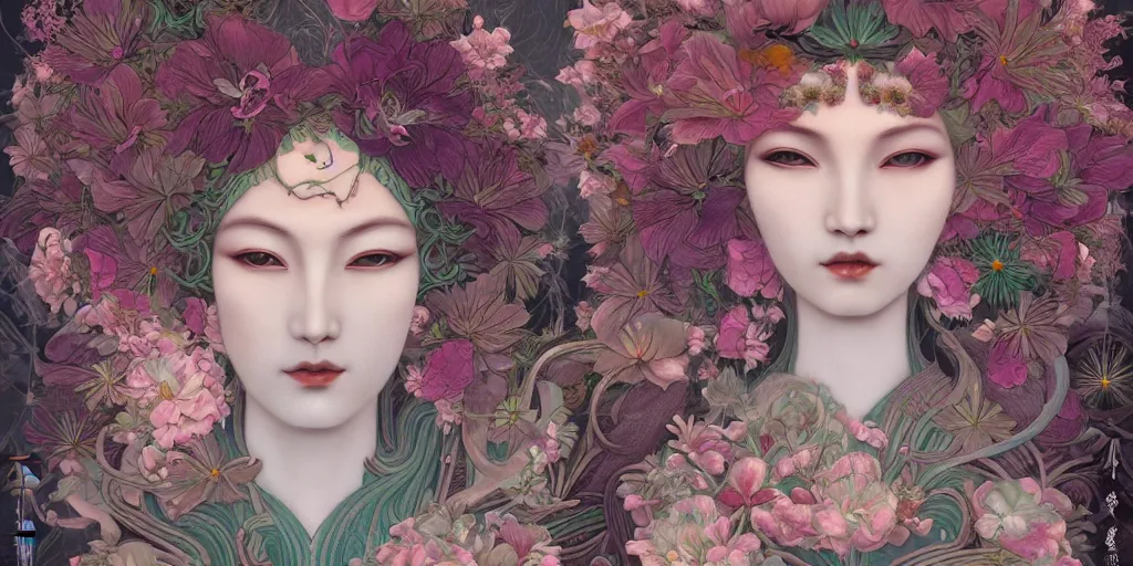 Image similar to breathtaking detailed concept art painting art deco pattern of gaea faces goddesses amalgamation flowers, by hsiao - ron cheng, bizarre compositions, exquisite detail, extremely moody lighting, 8 k