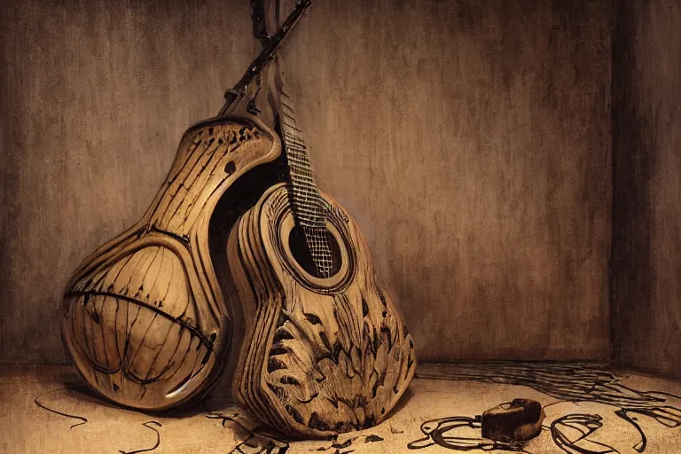 Prompt: still life of a cursed carved wooden lute with ebony inlay and strings of pain, oud, guitar designed by brian froud and hr giger leans against the wall alone, abandoned. an empty brutalist chamber, lonely, somber, a thin wisp of smoke rises from the lute. late afternoon lighting cinematic fantasy painting by jessica rossier