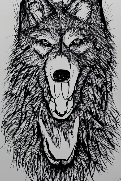 Prompt: Psychotic crisis portrait of a wolf head. pen sketch on white paper, simple black lines, lineart