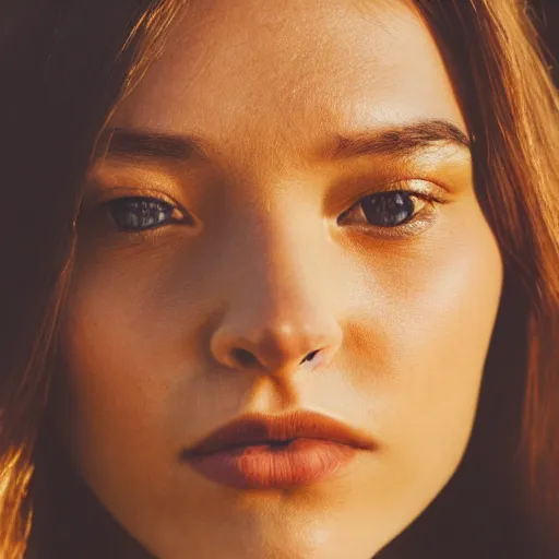 Image similar to closeup photo of a beautiful woman face, golden hour, 8 0 mm lens, polaroid, hyper realistic