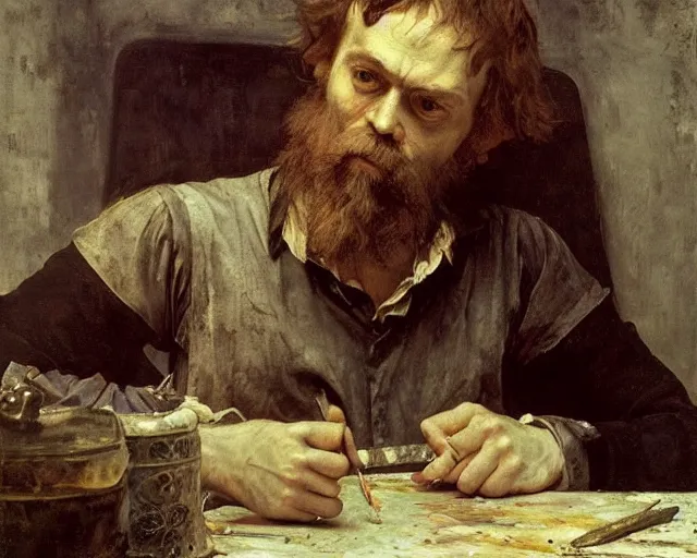 Prompt: a close up of dostoyevsky as an exhausted painter in his studio by edgar maxence and caravaggio and michael whelan, intricate painting, hyper realistic, extremely detailed and beautiful aesthetic face, 8 k resolution