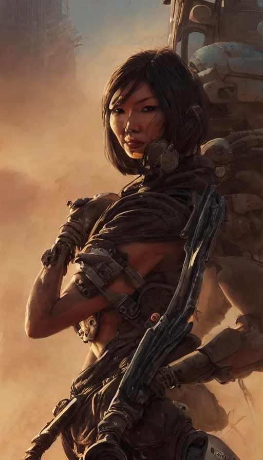 Image similar to road warrior, gemma chan beautiful girl, postapocalyptic, muscle cars, weapons, dystopian, grindhouse, george miller, made by stanley artgerm lau, wlop, rossdraws, james jean, andrei riabovitchev, marc simonetti, yoshitaka amano, beksinski artstation, cgsociety