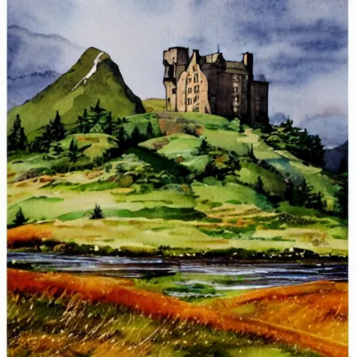 Image similar to beautiful scottish castle mountaintop watercolour mcdonalds resteraunt